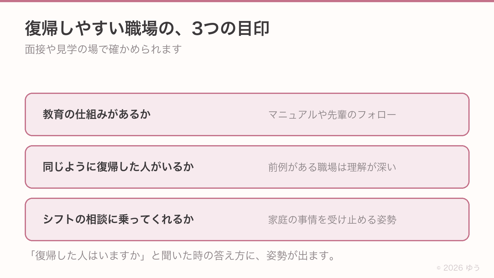 復帰しやすい職場の3つの目印。教育の仕組みがあるか、同じように復帰した人がいるか、シフトの相談に乗ってくれるか