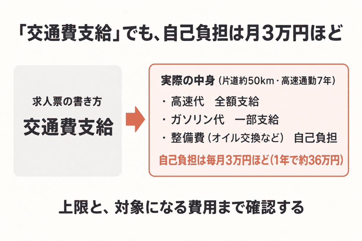「交通費支給」でも自己負担は月3万円ほど。高速代は全額支給、ガソリン代は一部支給、整備費は自己負担
