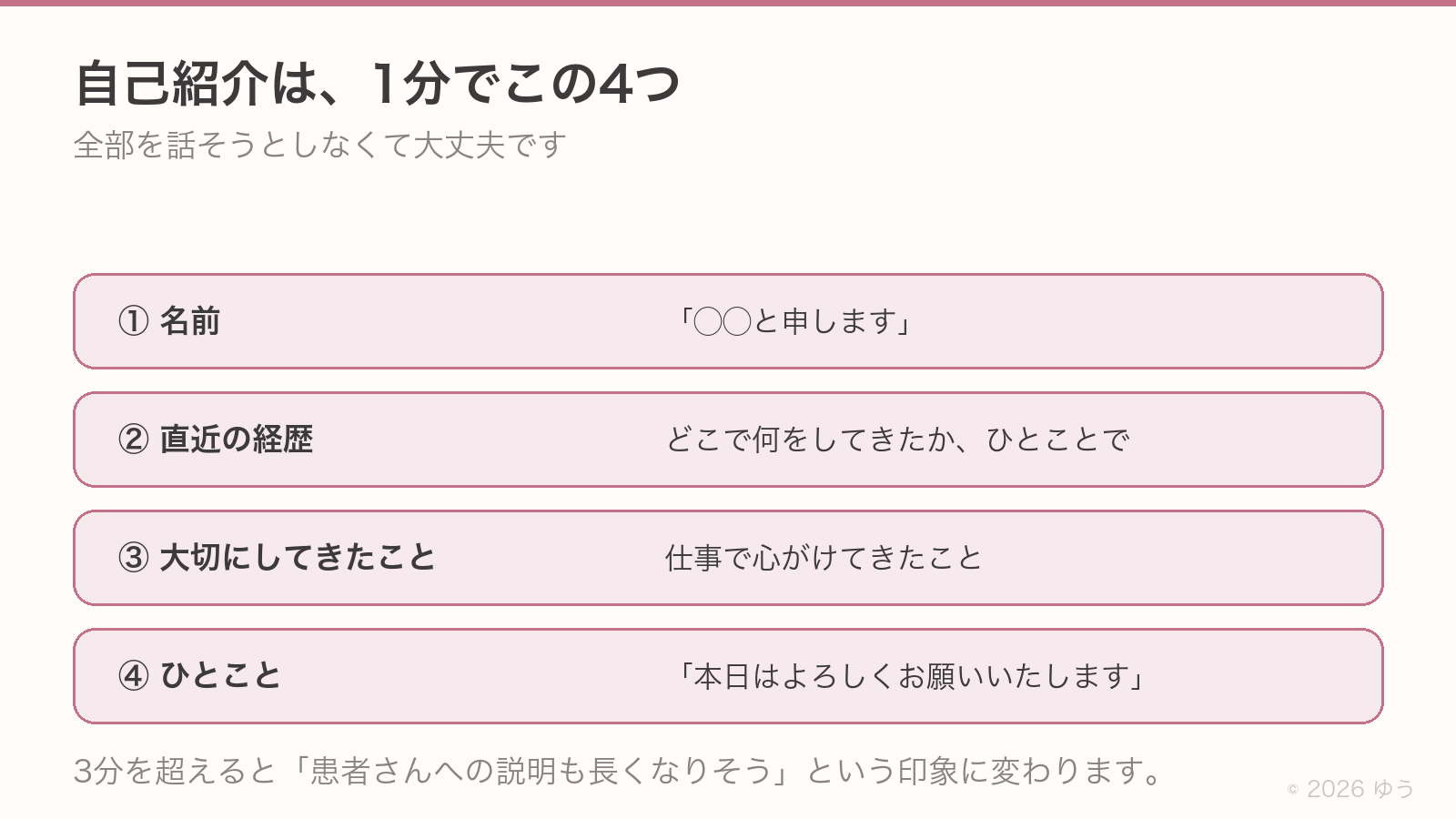 自己紹介は1分でこの4つ。①名前②直近の経歴をひとことで③仕事で大切にしてきたこと④本日はよろしくお願いいたします、のひとこと