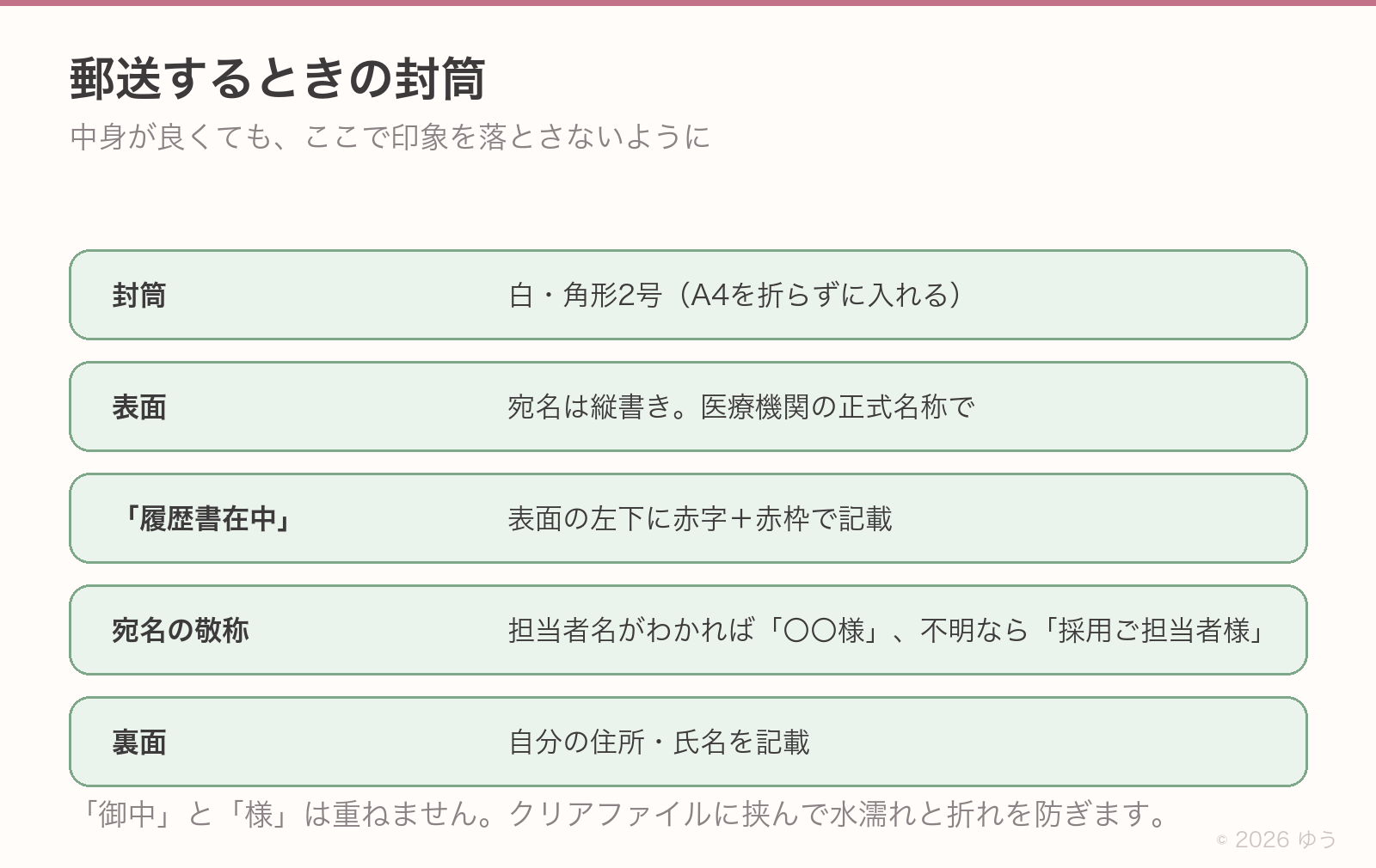 郵送するときの封筒。封筒は白の角形2号でA4を折らずに入れる、表面は宛名を縦書きで医療機関の正式名称、「履歴書在中」は左下に赤字と赤枠、宛名の敬称は担当者名がわかれば「〇〇様」で不明なら「採用ご担当者様」、裏面に自分の住所と氏名