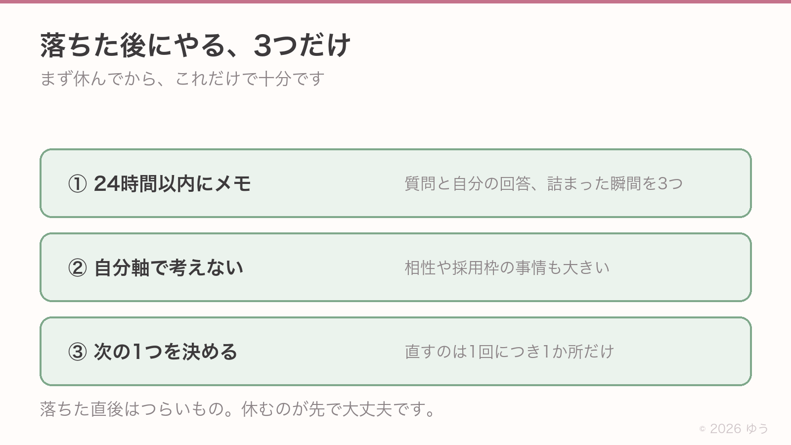 落ちた後にやる3つ。①24時間以内に質問と回答と詰まった瞬間をメモする、②落ちた理由を自分軸で考えない、③次に直す1つだけを決める
