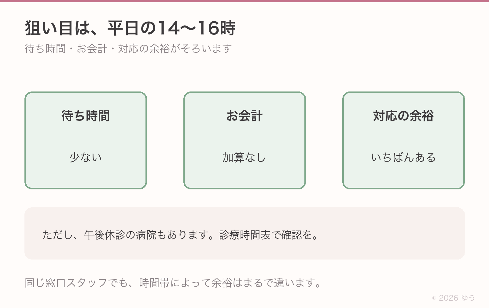 狙い目は平日の14〜16時。待ち時間が少なく、加算もつかず、対応の余裕もいちばんある時間帯