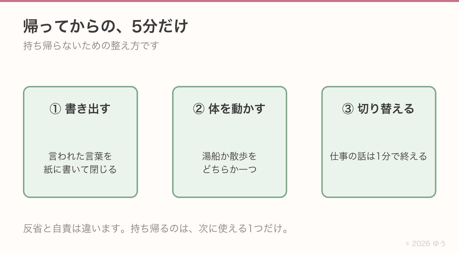帰宅後の5分ルーティン。①言われた言葉を紙に書いて閉じる、②湯船か散歩で体を動かす、③仕事の話は1分で終える