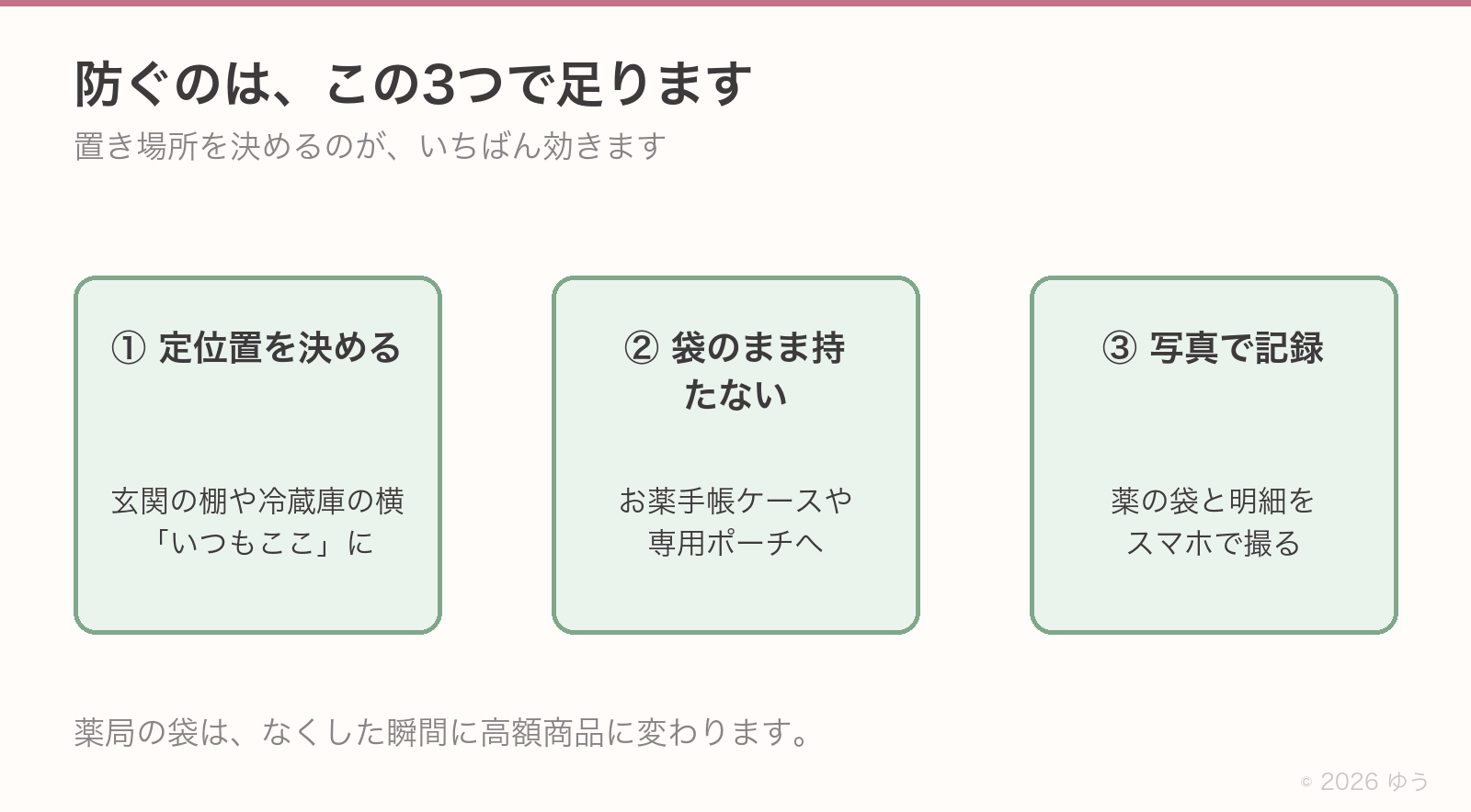 紛失を防ぐ3つ。①玄関の棚や冷蔵庫の横など定位置を決める、②袋のまま持ち歩かずポーチへ、③薬の袋と明細をスマホで撮って記録する