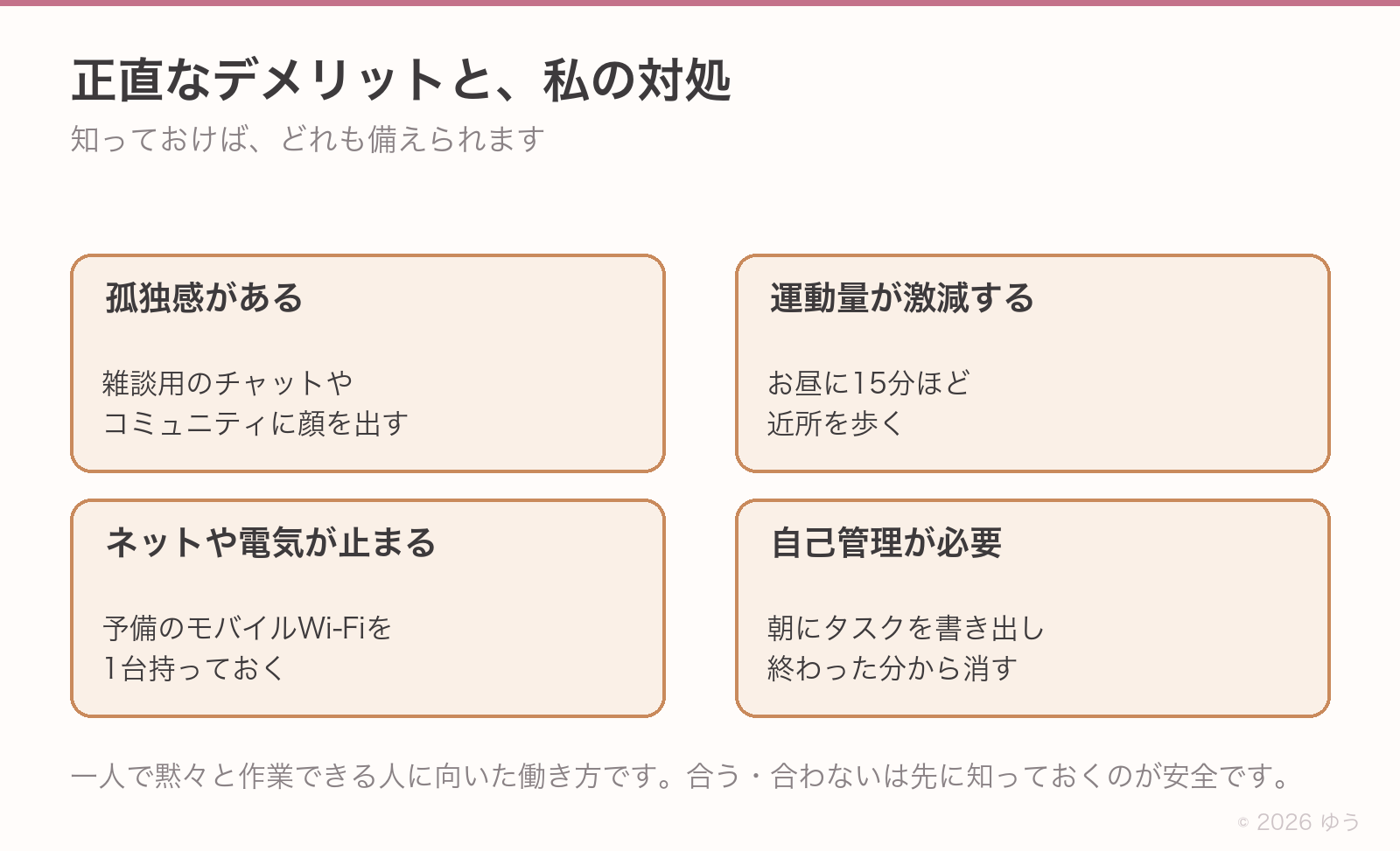 正直なデメリットと私の対処。孤独感には雑談用のチャットやコミュニティ、運動量の激減にはお昼に15分の散歩、ネットや電気が止まるリスクには予備のモバイルWi-Fi、自己管理には朝のタスク書き出し