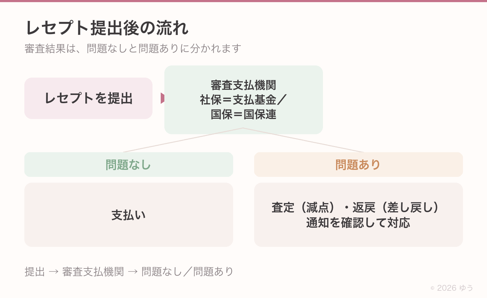 2枚構成。1枚目＝レセプト提出後の1枚フロー。提出→審査支払機関＝社保は支払基金・国保は国保連→問題なし＝支払い／問題あり＝査定（減点）・返戻（差し戻し）→情報が届く→対応／2枚目＝届いた通知の見取り図。