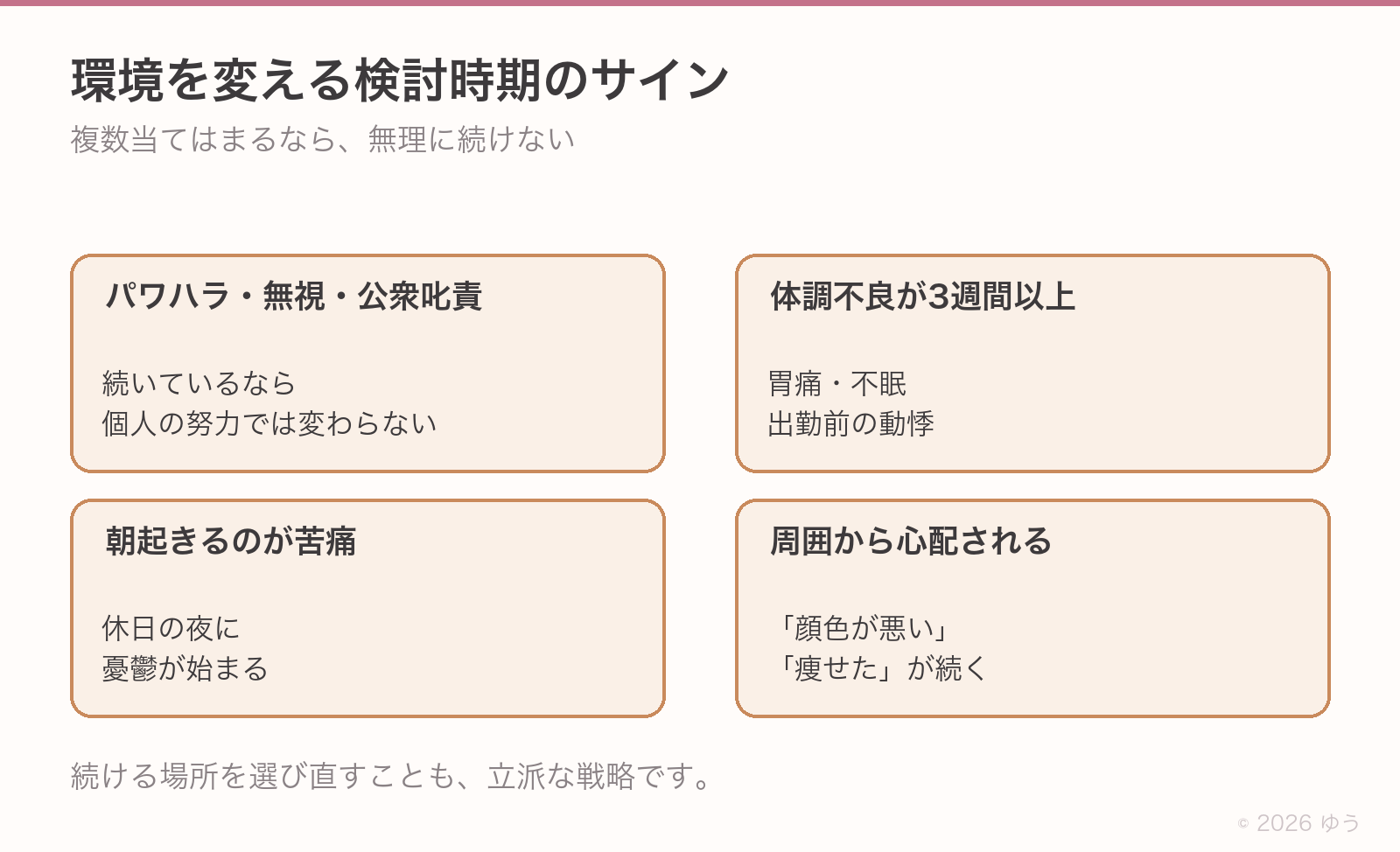 環境を変える検討時期のサイン4つ。パワハラ・無視・公衆叱責が続いている、体調不良が3週間以上続く、朝起きるのが苦痛で休日の夜に憂鬱が始まる、周囲から顔色が悪い・痩せたと心配される