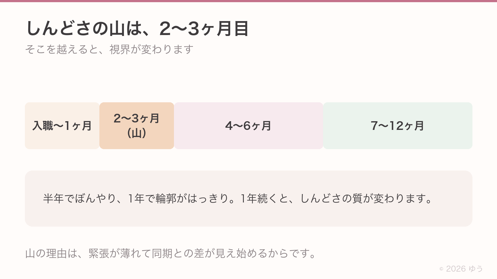 しんどさの山は2〜3ヶ月目。入職〜1ヶ月、2〜3ヶ月の山、4〜6ヶ月、7〜12ヶ月と進み、半年でぼんやり、1年で輪郭がはっきりしてくる
