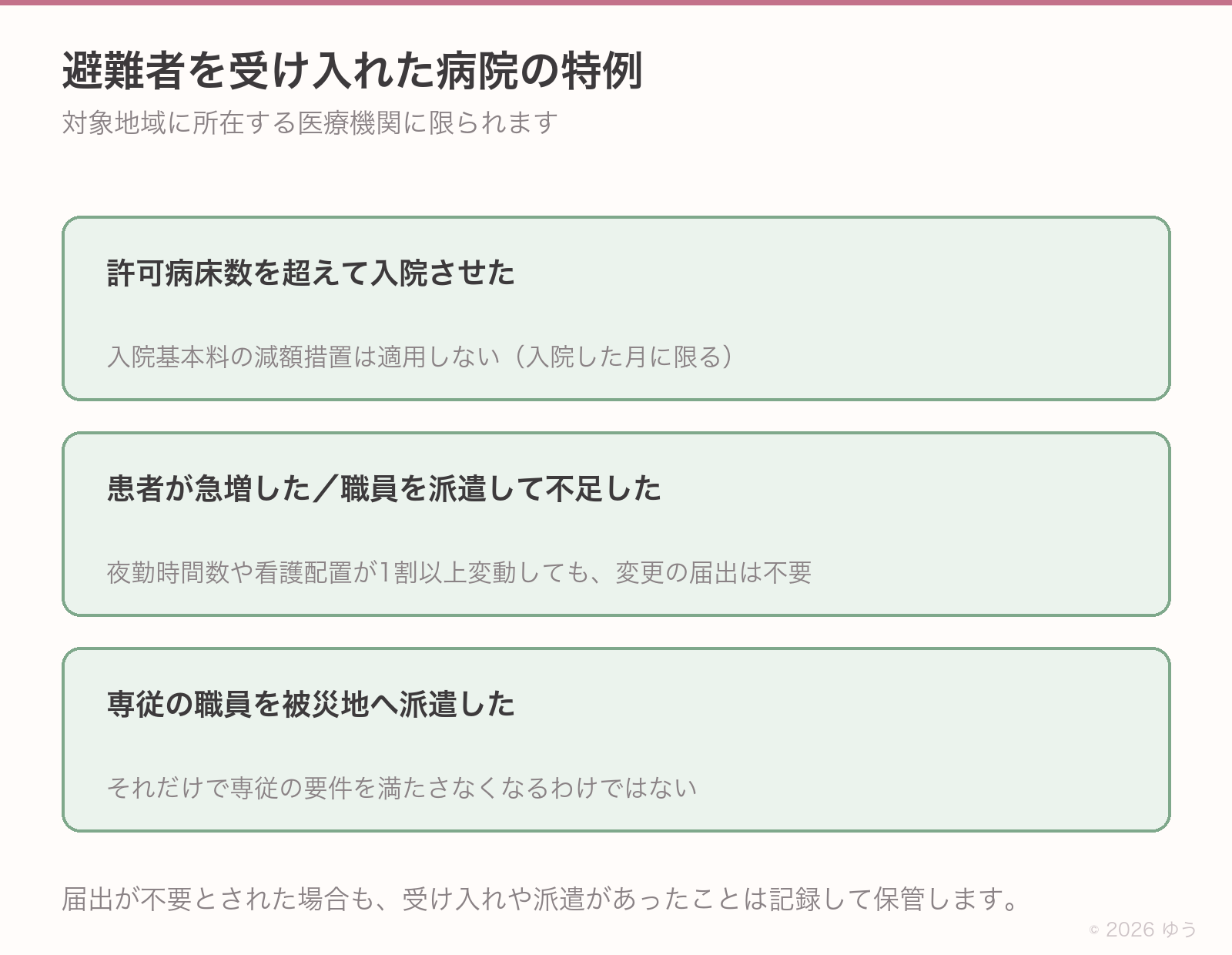 受け入れ側の特例。超過入院の減額なし、夜勤時間や看護配置の変更届は不要、専従要件も外れない
