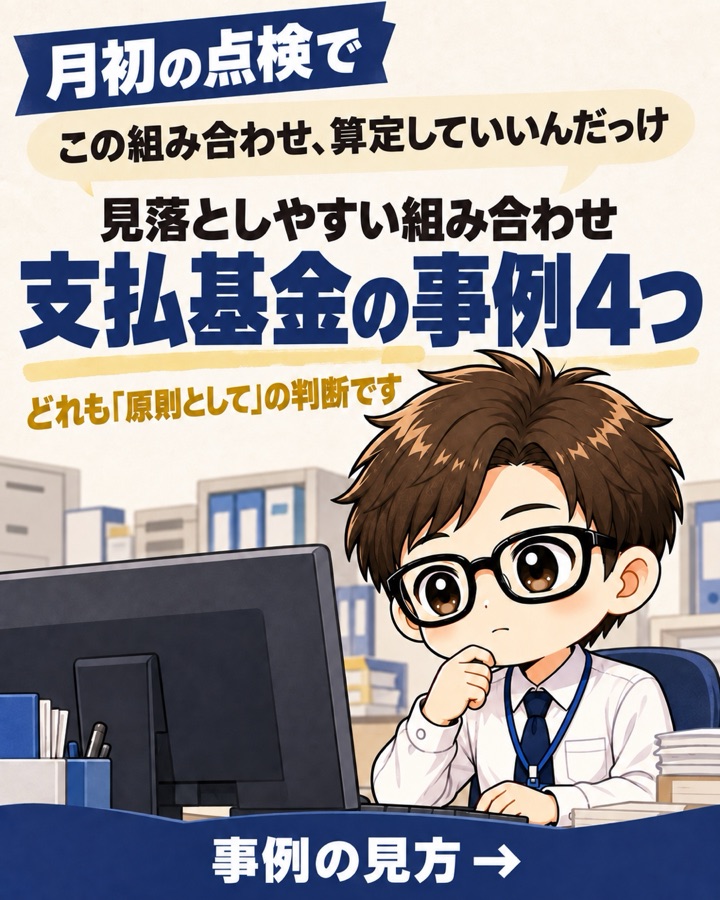 表紙。月初の点検で、この組み合わせ算定していいんだっけと迷う。見落としやすい組み合わせ、支払基金の事例4つ。どれも原則としての判断です