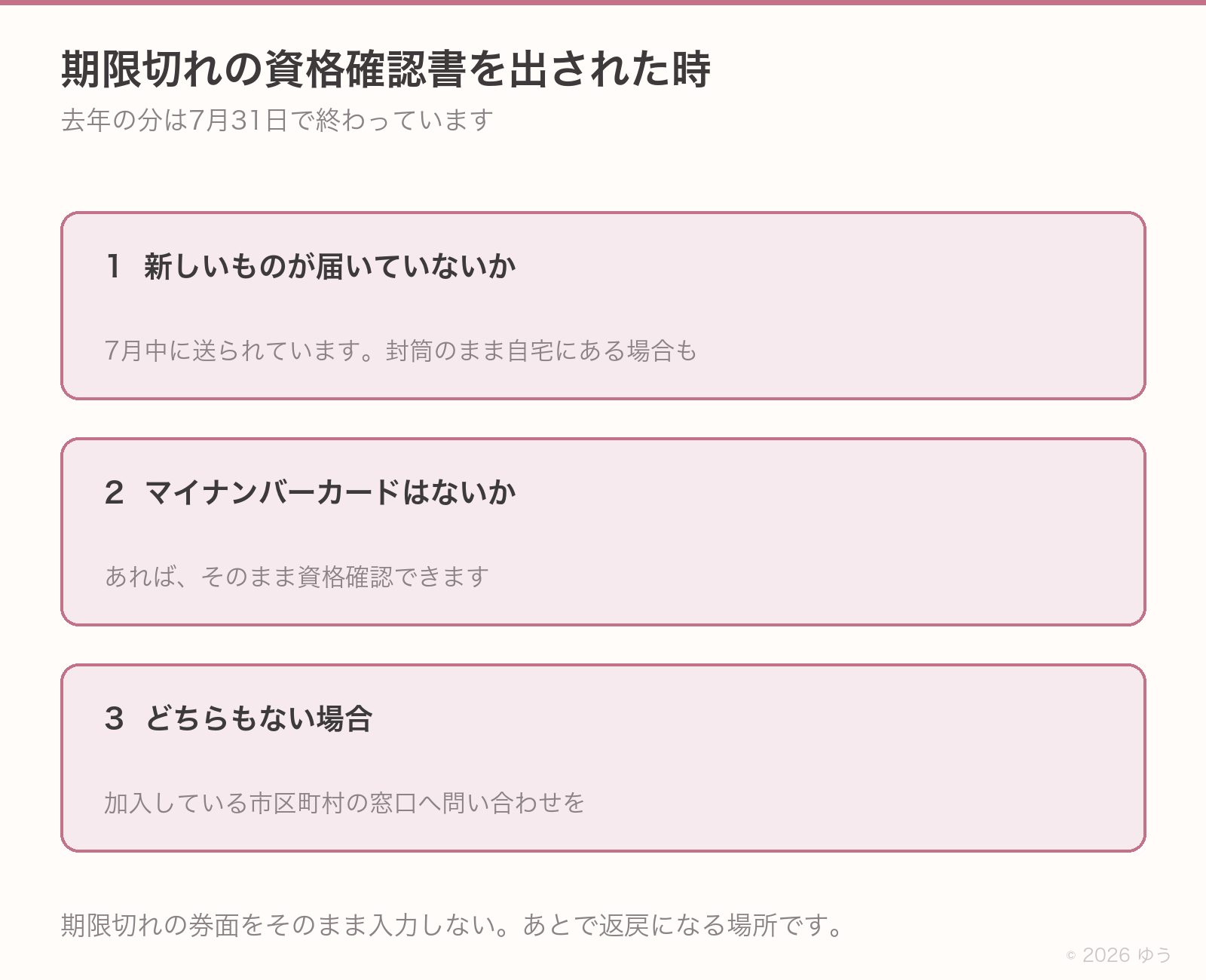 期限切れの資格確認書を出された時の3つの確認。新しいものが届いていないか、マイナ保険証を持っていないか、届いていない時は加入先へ